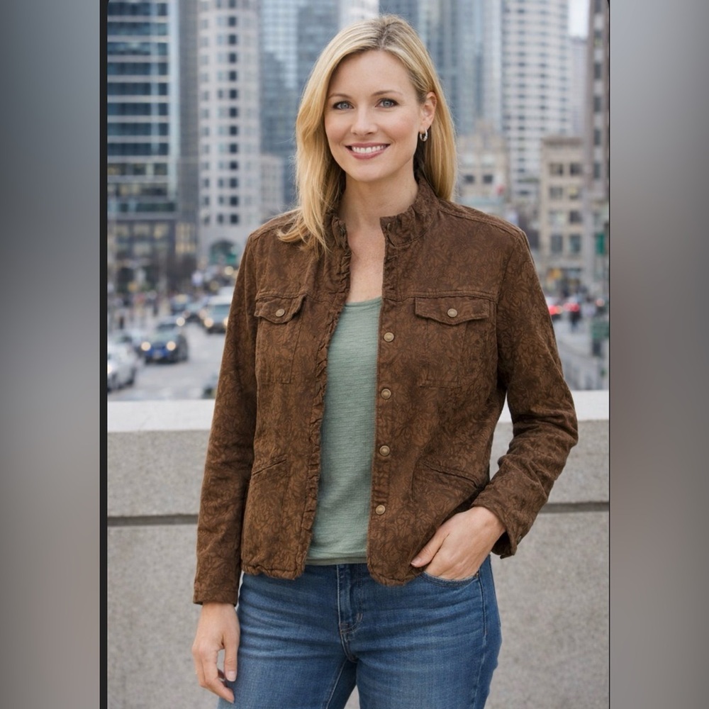 Coldwater Creek Y2K Ruffled‎ Golden Brown Jacquard Floral Textured Blazer Cotton